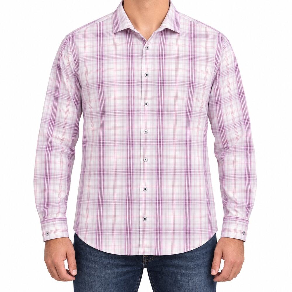 Maceoo Shirt Mens Large Purple Plaid Stretch Button Front Long Sleeve